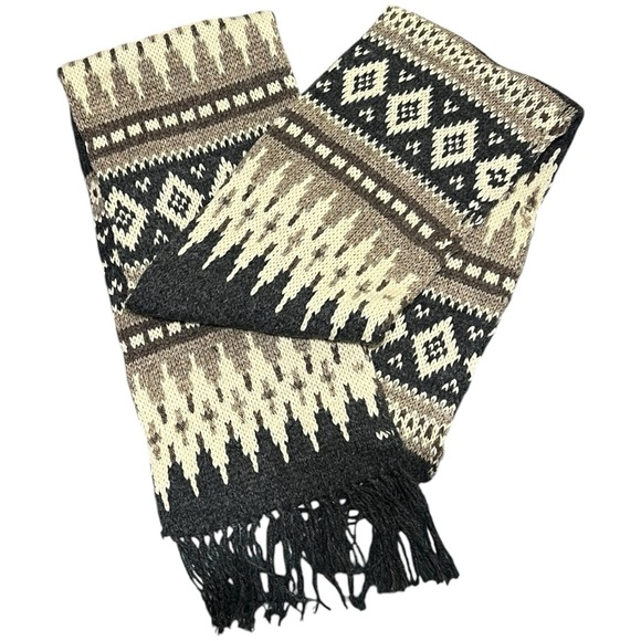 Broner Vintage Ecospun Fringe FairIsle Scarf Wool Fortrel Blend Made in the USA - Picture 4 of 6